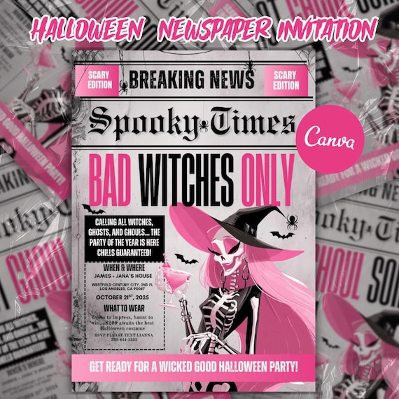 Girly Halloween Bad Witches Only Newspaper Invitation, Pink Pumpkin Costume Party Invite for Adults, Editable Canva Template,