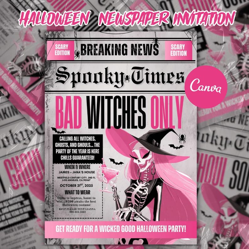 Op de afbeelding: Een roze en zwarte Halloween krantenuitnodiging met de kop "Breaking News" en "Spooky Times". De uitnodiging toont een skelet heksen illustratie, vleermuizen en de tekst "Bad Witches Only". Het bevat feestdetails.
