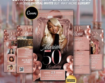 Peut inclure: Modèle de faire-part numérique rose gold pour un 50e anniversaire, modifiable dans Canva. Le design comprend le texte "Mariahs 50th Birthday" et les détails de l'événement. L'image présente une femme et des ballons rose gold.