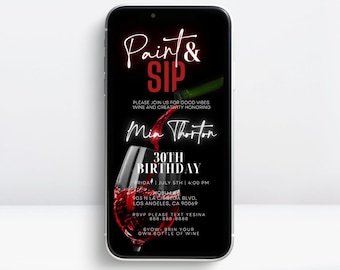 Digital Paint and Sip Invitation, Wine and Paint Birthday Invitation, Paint Party, Adult Painting Party Invite, Wine Tasting Party Invite