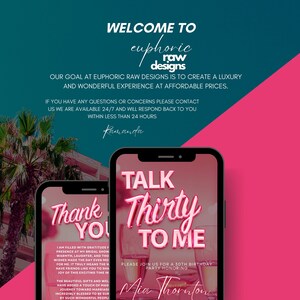 Pu&ograve; includere: Un invito digitale rosa e bianco per una festa di compleanno per i 30 anni. L'invito presenta il testo "Talk Thirty To Me" in un carattere rosa e bianco. L'invito include anche il nome "Mia Thornton" e il testo "Si prega di unirsi a noi per una festa di compleanno per i 30 anni in onore di".