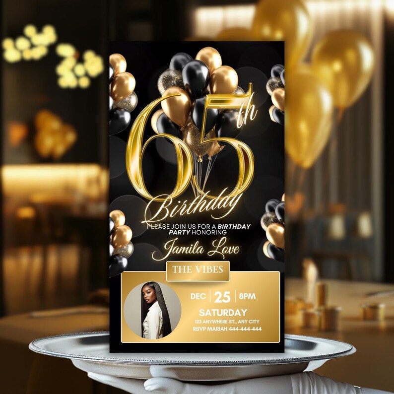 Gold Animated 65th Birthday Invitation, Digital Flyer Black Video Evite ...