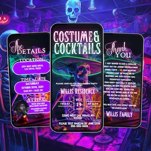 Costumes drôles et cocktails Invitation à une fête d&#39;Halloween, modèle numérique néon modifiable pour une soirée effrayante, itinéraire en téléchargement immédiat