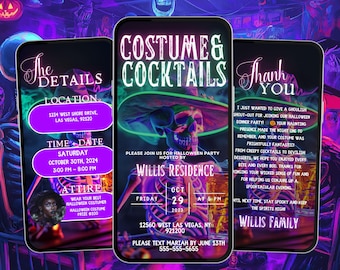 May include: Three smartphone screens displaying a Halloween party invitation. The central screen reads "Costume & Cocktails" with a skull graphic. Details include date, time, location, and "Willis Residence". The other screens show details and a thank you message.