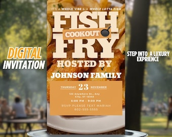 Puede incluir: Invitación digital para una comida de pescado frito organizada por la familia Johnson. La invitación está sobre un fondo marrón con una imagen de pescado frito y el texto "Fish Fry Cookout" en letras grandes y negritas. La invitación incluye la fecha, la hora, la ubicación y la información de RSVP.