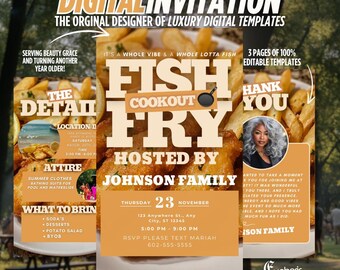 Puede incluir: Una invitación digital para una comida de pescado frito organizada por la familia Johnson. La invitación está decorada con una imagen de pescado frito e incluye detalles sobre el evento, como la fecha, la hora, el lugar y el atuendo. El texto "Hank You" se incluye en una sección separada de la invitación.