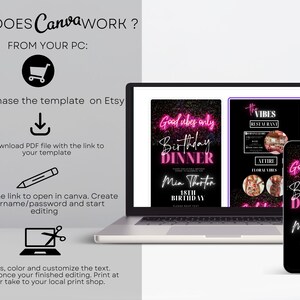 K&ouml;nnte beinhalten: Ein Laptop-Bildschirm zeigt eine Canva-Designvorlage f&uuml;r eine Geburtstags-Dinner-Einladung. Die Vorlage hat einen schwarzen Hintergrund mit pinkfarbenem Neontext, der "Good vibes only Birthday Dinner" lautet. Die Vorlage enth&auml;lt auch einen Platz f&uuml;r den Namen und das Alter des Ehrengastes. Der Laptop steht auf einer grauen Oberfl&auml;che.
