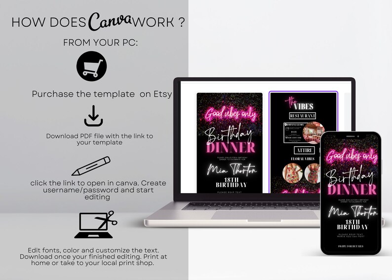 K&ouml;nnte beinhalten: Ein Laptop-Bildschirm zeigt eine Canva-Designvorlage f&uuml;r eine Geburtstags-Dinner-Einladung. Die Vorlage hat einen schwarzen Hintergrund mit pinkfarbenem Neontext, der "Good vibes only Birthday Dinner" lautet. Die Vorlage enth&auml;lt auch einen Platz f&uuml;r den Namen und das Alter des Ehrengastes. Der Laptop steht auf einer grauen Oberfl&auml;che.