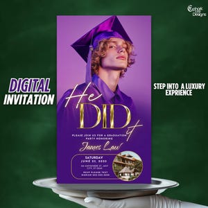 Faire-part de remise des diplômes, invitation numérique animée promotion 2025 pour garçons, modèle pour l'université, carte postale violette He Did it High School hommes