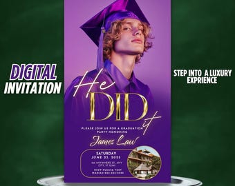 Invito per la festa di laurea, invito digitale animato per la classe del 2025 per ragazzi, modello universitario, ecard viola He Did it High School Men