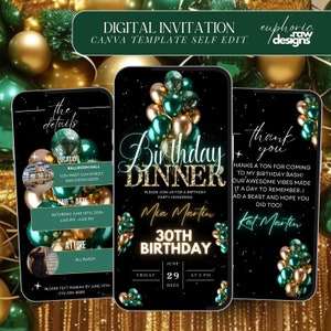 Elegant Birthday Dinner Invitation: Green & Gold, Formal Affair (Digital Template)