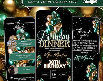 Grün & Gold Einladung zum Geburtstag, elegante Geburtstagsfeier einladen, formelle Affäre, bearbeitbare Canva Vorlage