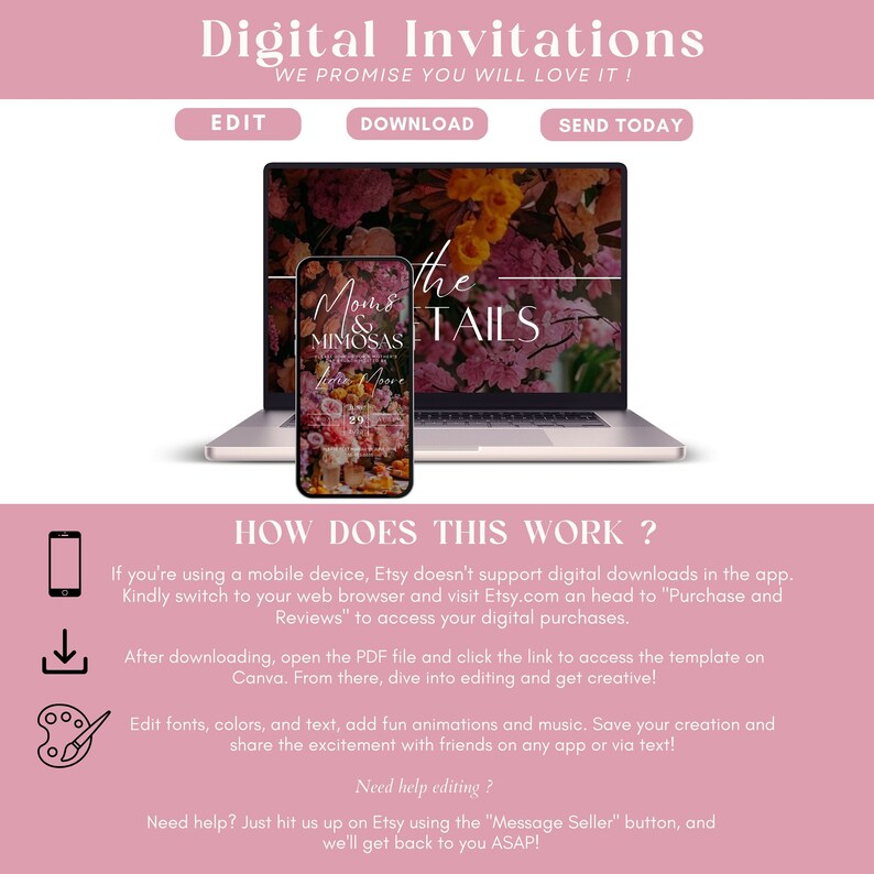 May include: A digital invitation template for a wedding shower with a floral design and the text "Mom & Mimosas & The Details". The template is shown on a laptop and a smartphone screen.