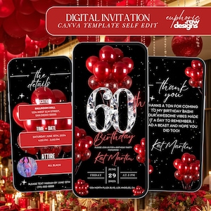 60th Birthday Party Invitation, Red Balloons Digital 60th Glam Dinner Invite Template, Diamond Video Editable Brunch Itinerary