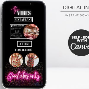 K&ouml;nnte beinhalten: Eine digitale Einladung zu einer Party im Restaurant The Vibes. Die Einladung zeigt ein pinkfarbenes Neon-Schild mit der Aufschrift "Good vibes only". Die Einladung enth&auml;lt auch Datum, Uhrzeit und Kleiderordnung.