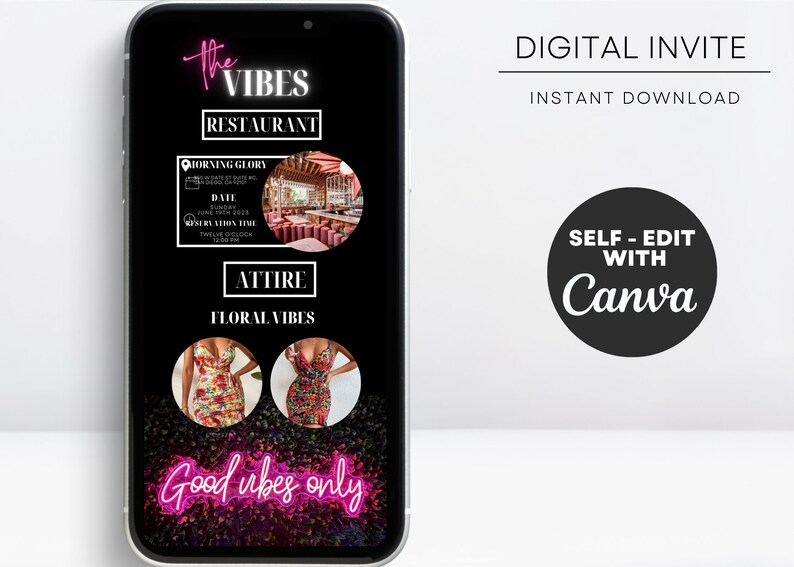 K&ouml;nnte beinhalten: Eine digitale Einladung zu einer Party im Restaurant The Vibes. Die Einladung zeigt ein pinkfarbenes Neon-Schild mit der Aufschrift "Good vibes only". Die Einladung enth&auml;lt auch Datum, Uhrzeit und Kleiderordnung.