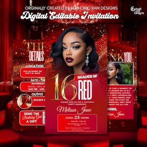 May include: A digital invitation with a red theme, featuring a portrait of a woman and the text "16 Shades of Red." The invitation includes event details, such as date, time, and location, and the text "Digital Editable Invitation."