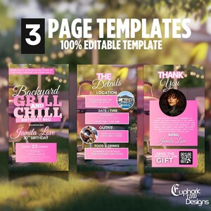 Pode incluir: Modelo de festa de anivers&aacute;rio imprim&iacute;vel de tr&ecirc;s p&aacute;ginas para um churrasco e um momento de relaxamento no quintal. O modelo apresenta um esquema de cores rosa e preto com uma churrasqueira e uma piscina no fundo. O texto inclui "Backyard Grill and Chill Birthday BBQ", "The Details", "Thank You", e "Honoring Jamila Love 30th Birthday".