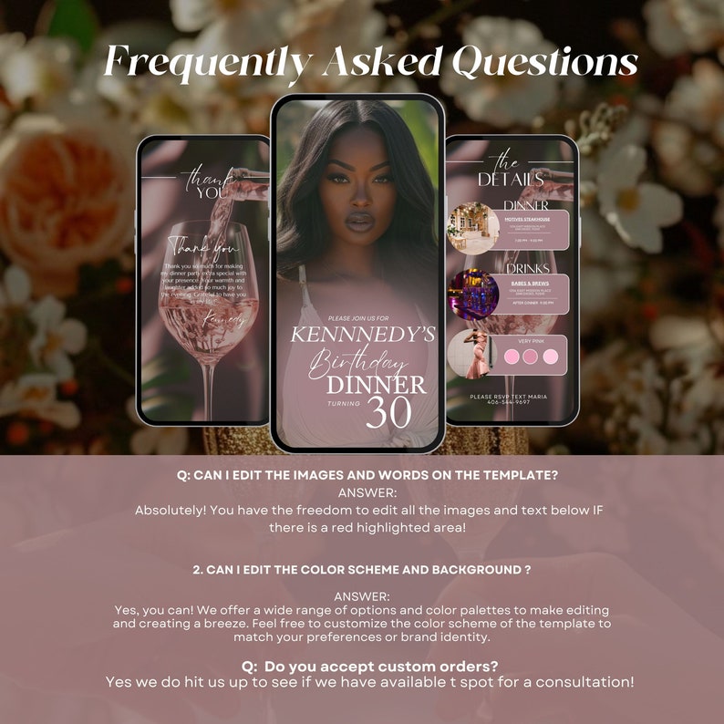 Puede incluir: Dise&ntilde;o de invitaci&oacute;n digital con tres pantallas de tel&eacute;fono inteligente. La pantalla central muestra a una mujer y texto para una cena de cumplea&ntilde;os. Las otras pantallas muestran vino y detalles del evento. El texto dice "Preguntas frecuentes."