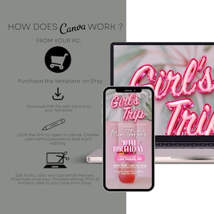 Puede incluir: Una invitaci&oacute;n digital rosa y blanca para un viaje de chicas a Las Vegas, Nevada. La invitaci&oacute;n presenta el texto "Girl's Trip" en letras de globos rosas y blancas. La invitaci&oacute;n tambi&eacute;n incluye el texto "Mia Thorton's 30th Birthday" y "June 19th - June 24, 2023".