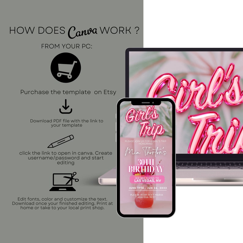 Puede incluir: Una invitaci&oacute;n digital rosa y blanca para un viaje de chicas a Las Vegas, Nevada. La invitaci&oacute;n presenta el texto "Girl's Trip" en letras de globos rosas y blancas. La invitaci&oacute;n tambi&eacute;n incluye el texto "Mia Thorton's 30th Birthday" y "June 19th - June 24, 2023".