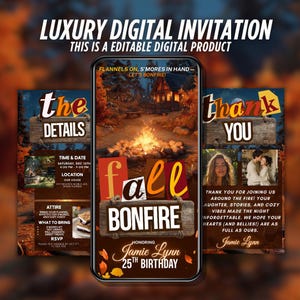 Fall Bonfire Birthday Invitation: S&#39;mores Party, Editable Template (Digital Download)