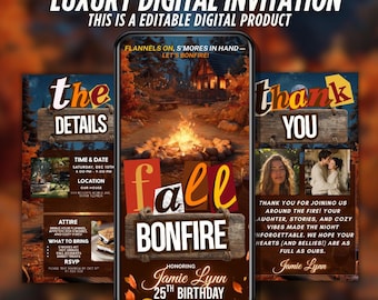 Invito di compleanno con falò autunnale, invito per festa S'mores, compleanno attorno al fuoco, accogliente celebrazione autunnale, modello modificabile