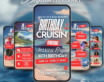 May include: A digital itinerary for a birthday cruise to Cozumel, Mexico. The itinerary includes details about the cruise, including the departure date, the ship, and the activities planned. The itinerary is designed to look like a smartphone screen.