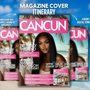 Cancun Birthday Itinerary Invitation, Magazine Cover Girls Trip Evite, Mexico Editable Beach Weekend Travel Template, Digital Invite for Her