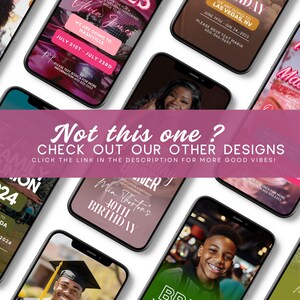Op de afbeelding: Een collage van telefoon-schermmockups die verschillende digitale uitnodigingen voor verschillende evenementen tonen, waaronder een verjaardagsfeest, een vrijgezellenfeest en een reis naar Las Vegas. De uitnodigingen hebben kleurrijke achtergronden, vette tekst en afbeeldingen van mensen.