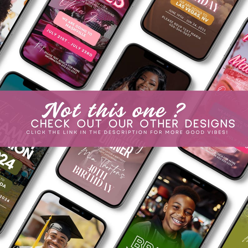 Op de afbeelding: Een collage van telefoon-schermmockups die verschillende digitale uitnodigingen voor verschillende evenementen tonen, waaronder een verjaardagsfeest, een vrijgezellenfeest en een reis naar Las Vegas. De uitnodigingen hebben kleurrijke achtergronden, vette tekst en afbeeldingen van mensen.