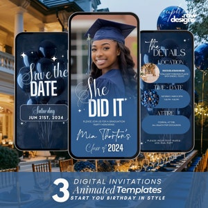 Graduation Party Invitation, Grad Announcement, High school, College, Nursing and Law Graduation Navy Blue Digital, Grad Itinerary