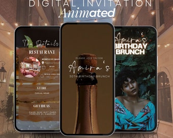 Invitación animada a un brunch, folleto con video, invitación a un brunch de cumpleaños, brunch con champán, brunch con invitación electrónica, invitación a un brunch, plantilla para un brunch de cumpleaños
