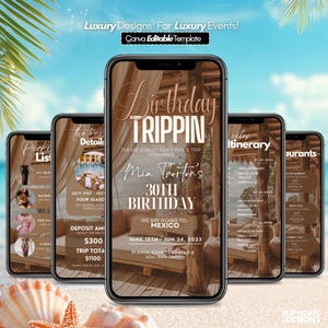 May include: A digital invitation template for a 30th birthday trip to Mexico, featuring a beach theme. The design includes multiple phone screens displaying event details, with text that reads "Birthday Trippin" and "Mia Thorton's 30th Birthday".