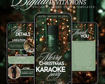 May include: Digital invitations for a Merry Christmas Karaoke Party, designed as editable luxury Canva templates. The invitation includes event details, date, time, attire, and a thank you message. The design features a microphone and Christmas decorations.