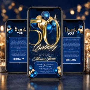 May include: A digital invitation template for a 50th birthday party displayed on three smartphones. The design features gold and navy blue balloons, the text 50th Birthday, Maurice James, and event details including date, time, and location.