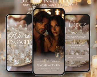 Invitación digital para fiesta de compromiso, elegante plantilla de invitación de boda editable, invitación de compromiso personalizable