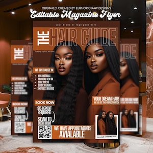 Magazin-Buchungsflyer, DIY-Canva-Vorlage, Melanin-Friseurtermin, Beauty-Service-Promo, bearbeitbarer Salon-Flyer, digitaler Download
