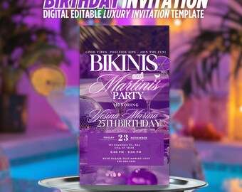 Digital Bikinis & Martinis Invitation, Birthday Pool Party, Beach Bash, Bachelorette ,Girls Night, Cocktail Splash, Summer Event, BBQ Evite