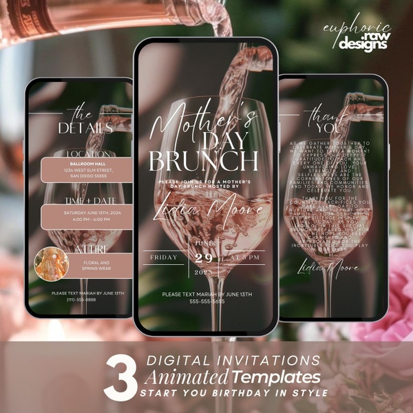 Mother’s Day Brunch Invite, Boho Floral Digital Event Itinerary, Animated Video Invitation, Mom and Mimosa's, Happy Mother’s Day Flyer