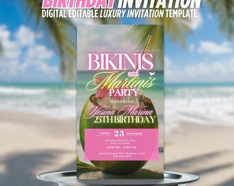 Digital Bikinis & Martinis Invitation, Birthday Pool Party, Beach Bash, Bachelorette ,Girls Night, Cocktail Splash, Summer Event, BBQ Evite