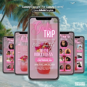 Itinerario para viaje de chicas, plantilla de itinerario, itinerario de viaje, invitación para fin de semana de cumpleaños, itinerario de fin de semana, horario digital