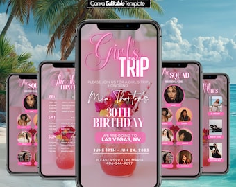 May include: A series of five smartphones displaying a pink Girls Trip invitation for a 30th birthday celebration in Las Vegas. The design includes text, floral accents, and a tropical beach background.