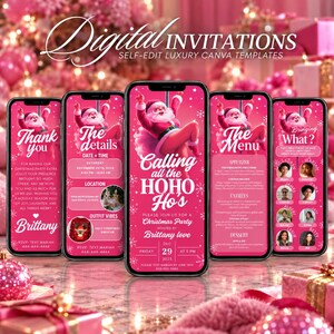 Convite divertido para festa de Natal entre amigas, "Chamando todas vocês, Ho Ho Hos!", Noite das Meninas com Papai Noel Rosa, Modelo Digital Editável, Download Imediato
