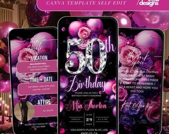 Floral 50th Birthday Invitation, Pink Purple Diamonds, Editable Digital 50th Glam Dinner Brunch Itinerary Template, Video Birthday Invite