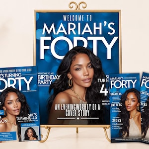May include: A set of printed birthday party signage and invitations featuring a magazine cover theme. The blue background displays the text Welcome to Mariah's Forty, She's Turning Forty, and An Evening Worthy of a Cover Story with a portrait.