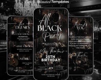 Invitación a fiesta de cumpleaños de negros, cena de cumpleaños, brunch de cumpleaños, plantilla digital de fiesta de negros, invitación editable con atuendo formal