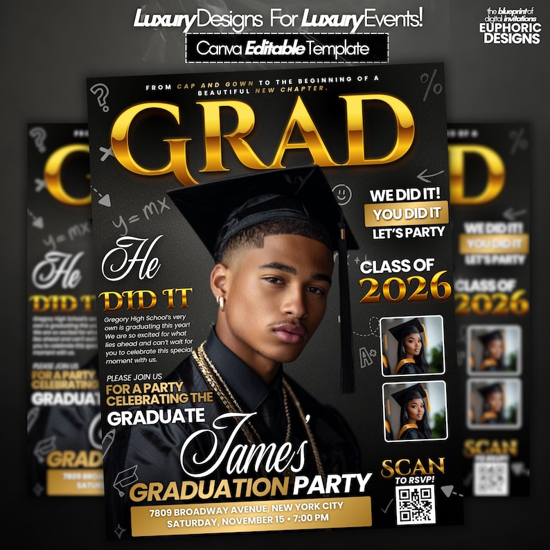 May include: A graduation party invitation with a black background and gold lettering. The word "GRAD" is prominently displayed, with the graduate's name and party details below. A photo of the graduate is featured.