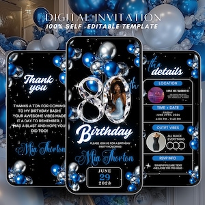 80th Birthday Party Invitation, Silver Blue Balloons Digital 80th Glam Dinner Invite Template, Diamond Video Editable Brunch Itinerary,