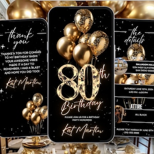 Invitación para fiesta de 80 cumpleaños, plantilla digital de invitación a cena glamurosa de 80 cumpleaños con globos dorados, itinerario de brunch editable en video de diamantes
